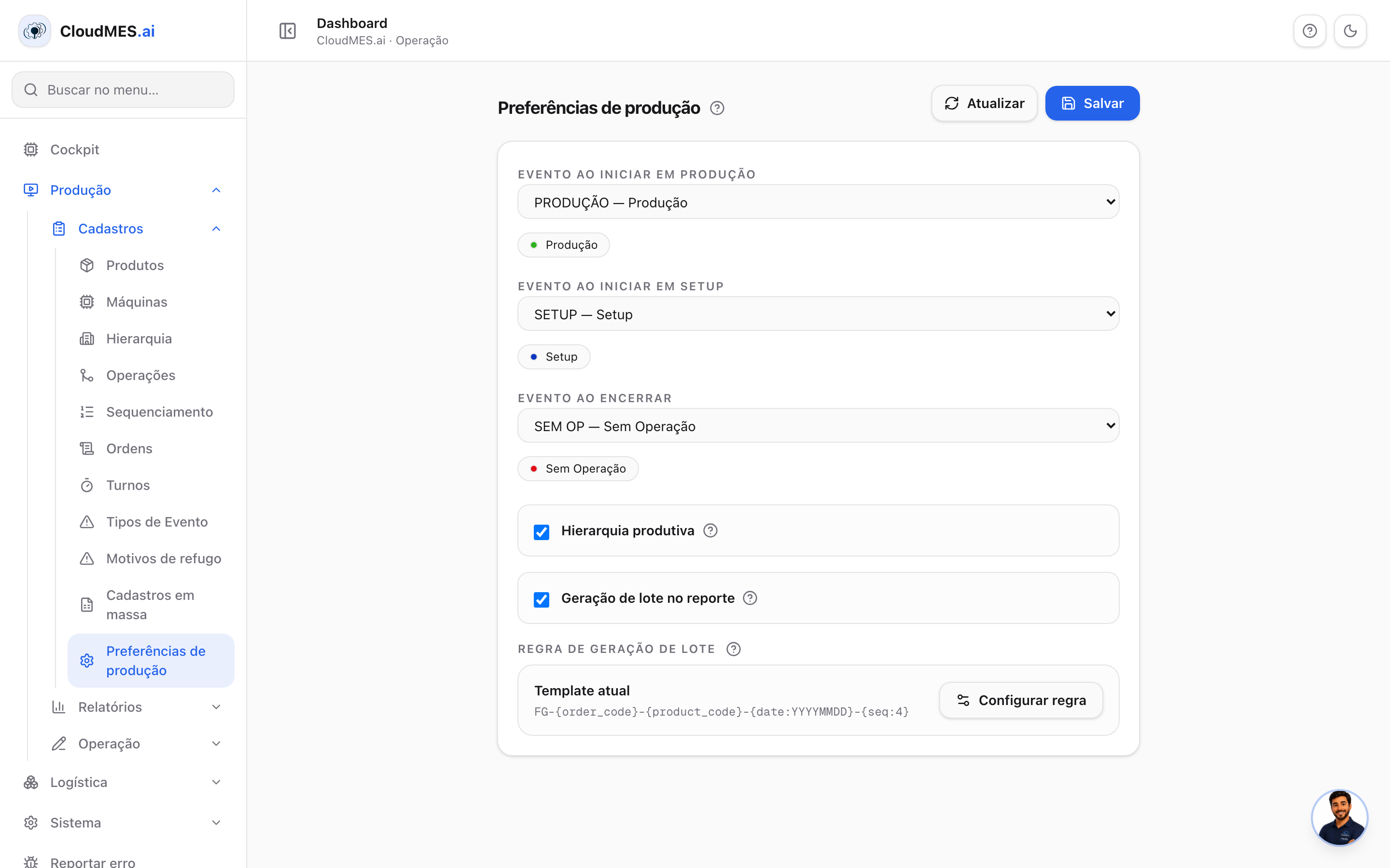Preferências com hierarquia e geração de lote ativas