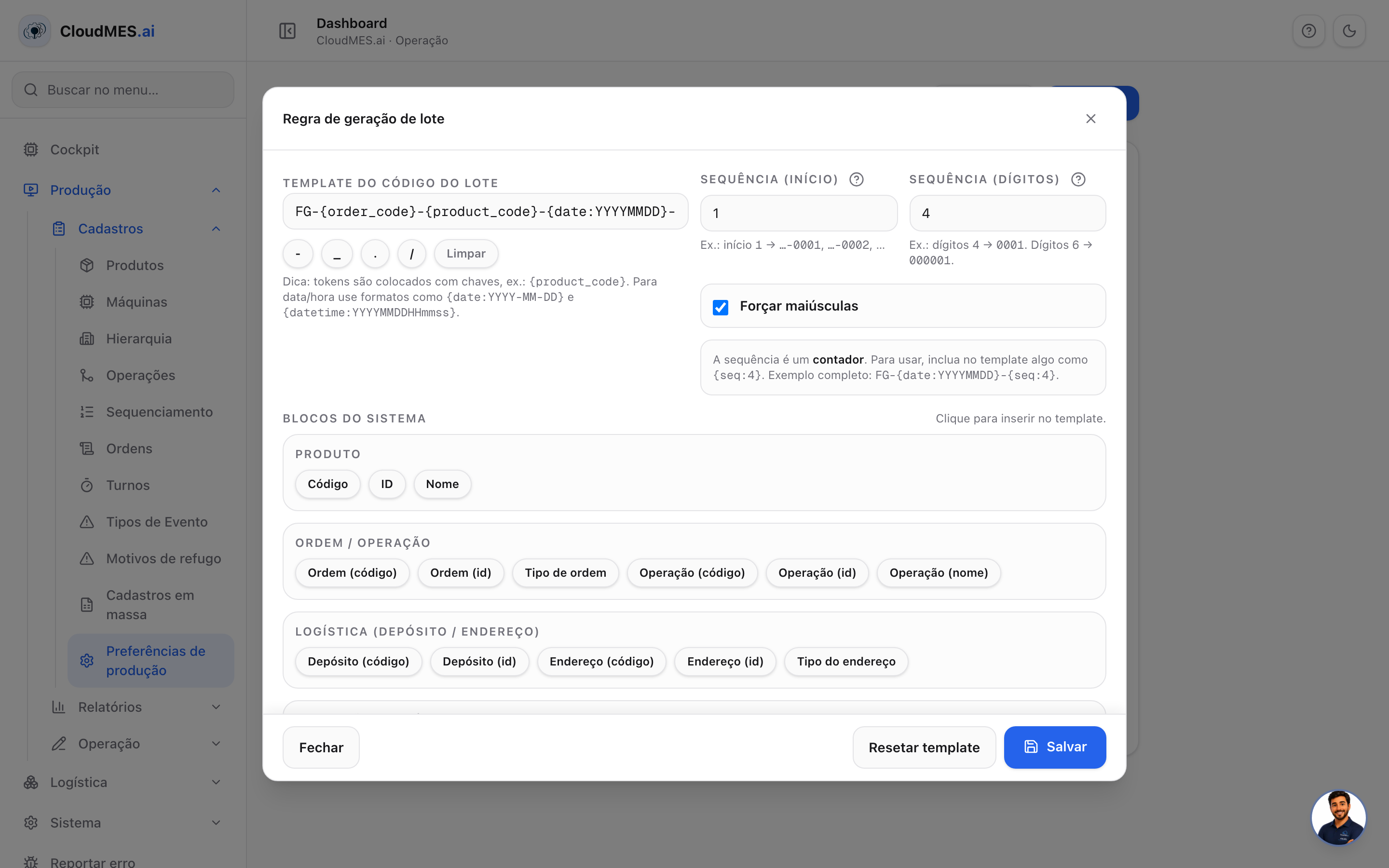 Modal Configurar regra de geração de lote