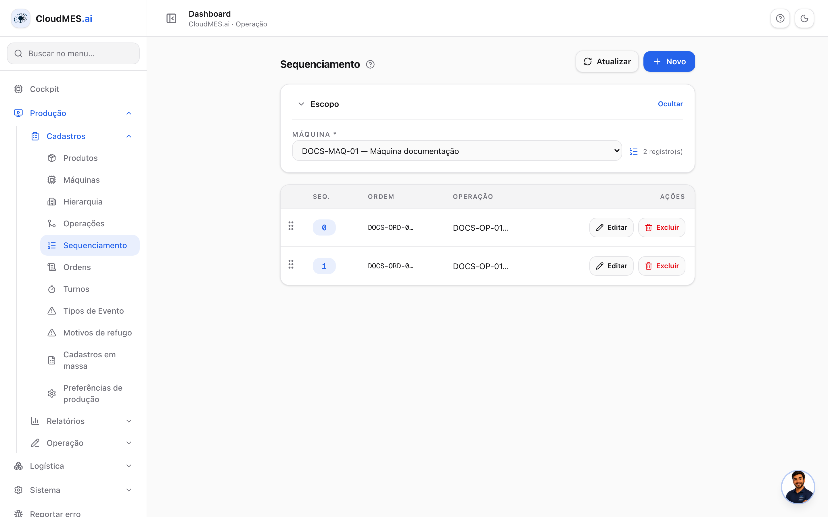 Sequenciamento com máquina selecionada
